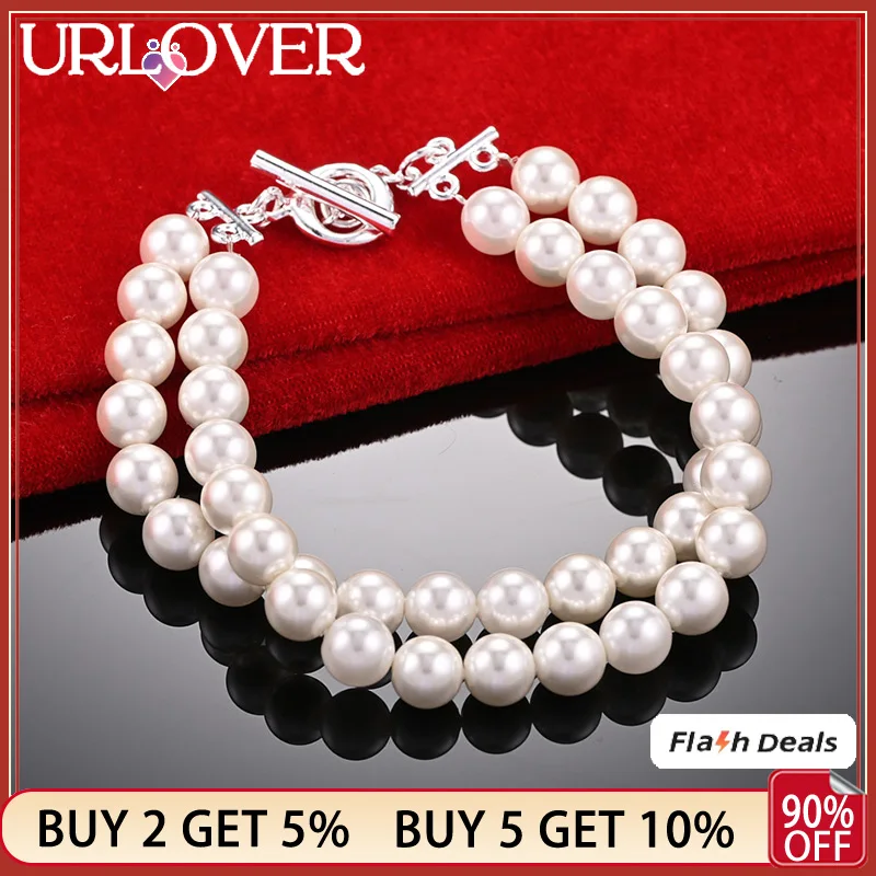 

URLOVER 925 Stamp Silver Color Double Freshwater Pearls Chain Bracelet For Woman Wedding Party Birthday Gift Fashion Jewelry