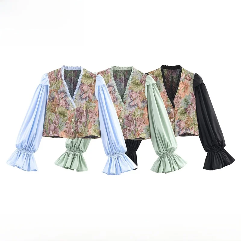 

EVEA New Women's Faion Bubble Sve V-Ne irt Vintage Sle Polyester Fiber Straight Cut Long Sve Winter Collection