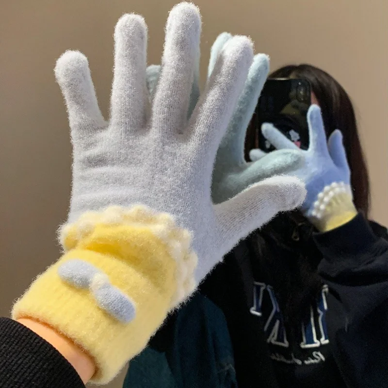 

Cute Blue Plush Gloves for Women, Thickened And Warm, Perfect for Autumn And Winter, with Finger Separation