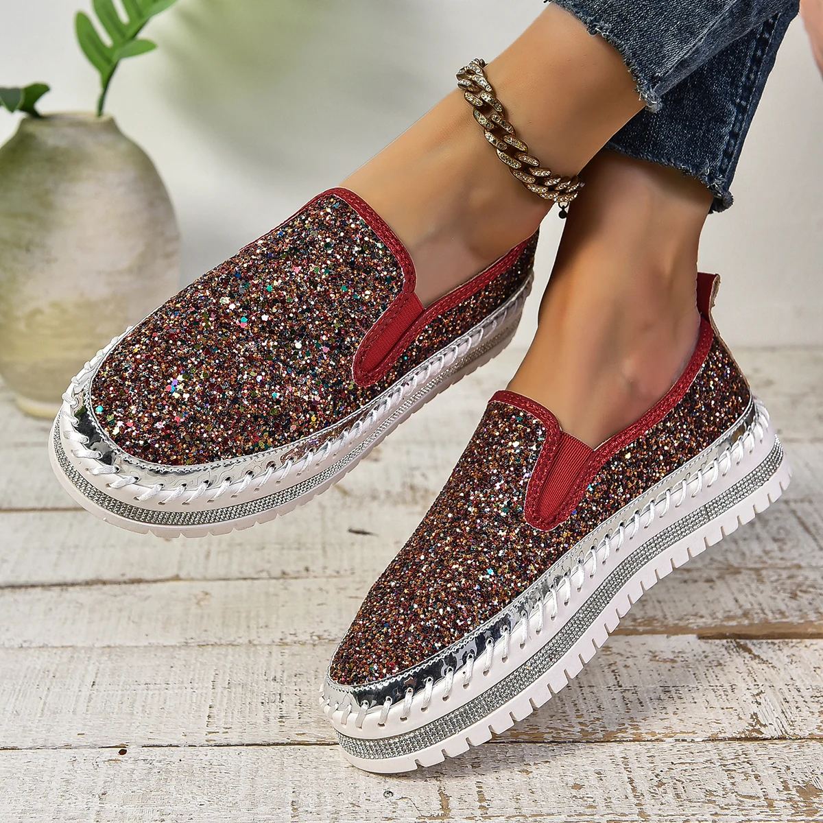 Luxury Designer Shoes Ladies Flat Sequined Sneakers Casual Women\'s Mesh Lace-up Fine Diamond Sequins Platform Vulcanized Shoes