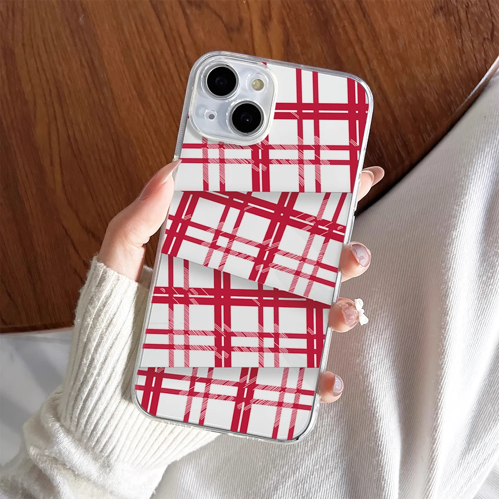 Fashion Red Grid Pattern Visual Error Phone Case For iPhone 11 13 16 15 14 12 Pro Max Plus Clear Transparent Soft Shell