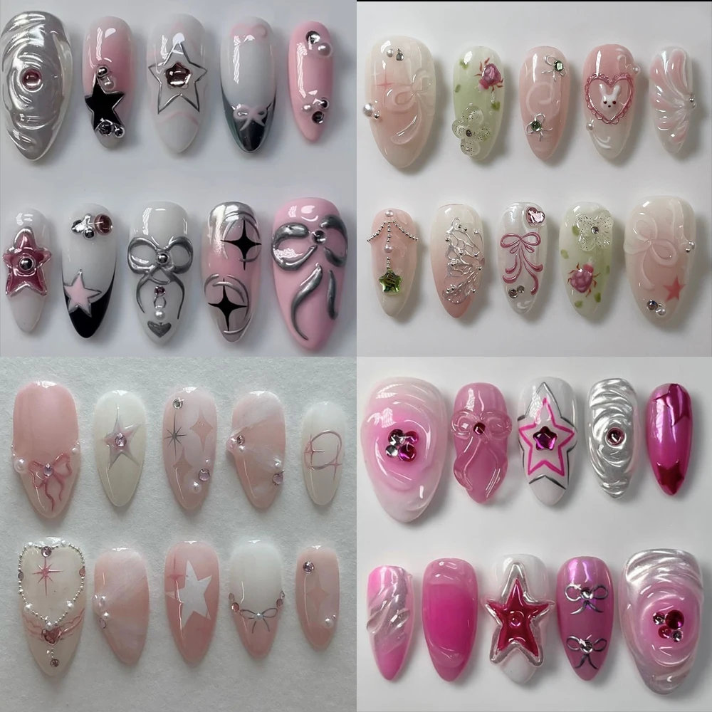 

2024New French Handmade Star Press On Nails Art Party Sticker Gel Bow Pink Gradient Almond Customizable Size Shape Fake Nails