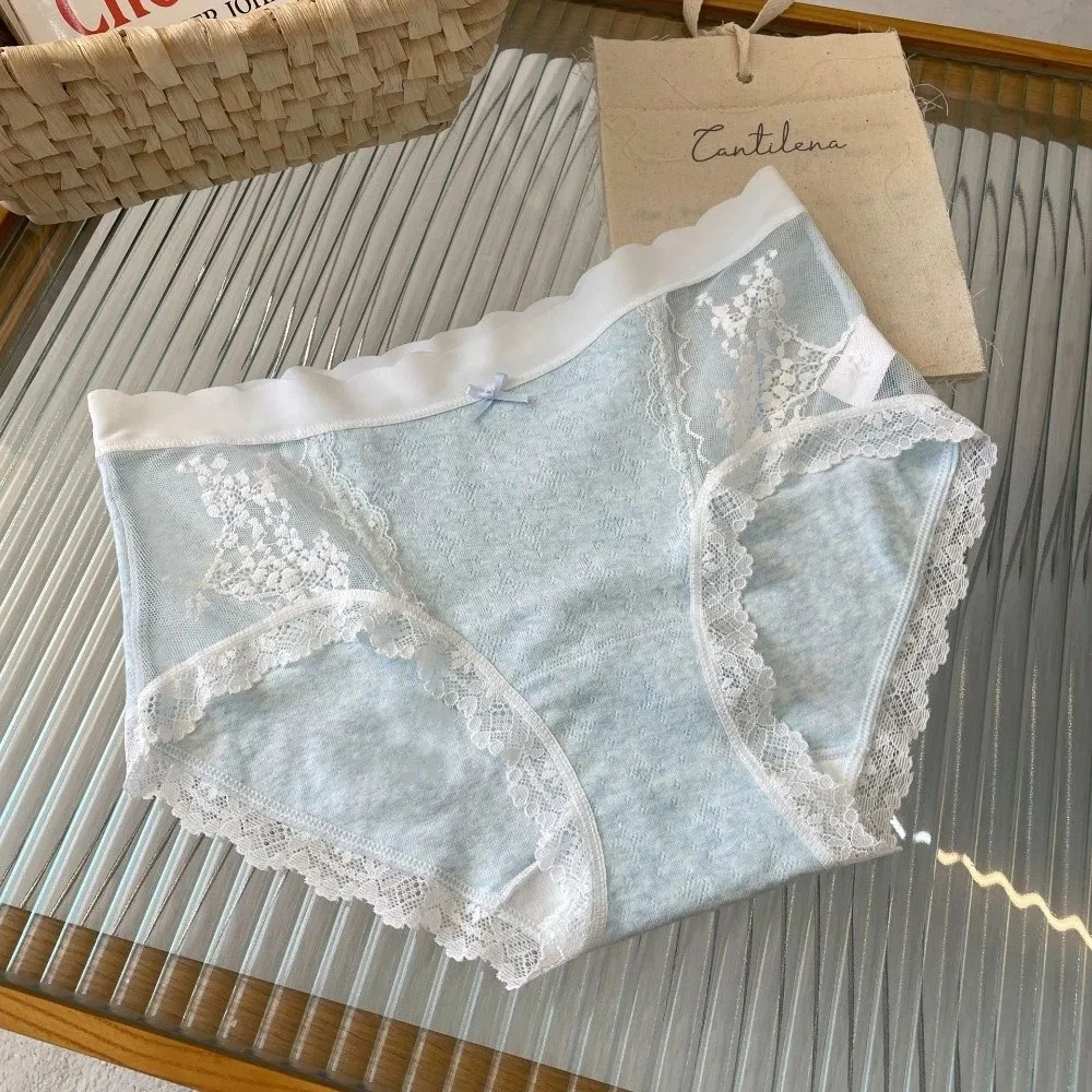 

Breathable Mid-waist Mesh Lace Underpants Bow Cotton Seamless Briefs Sweet Thin Women Underwear Girl