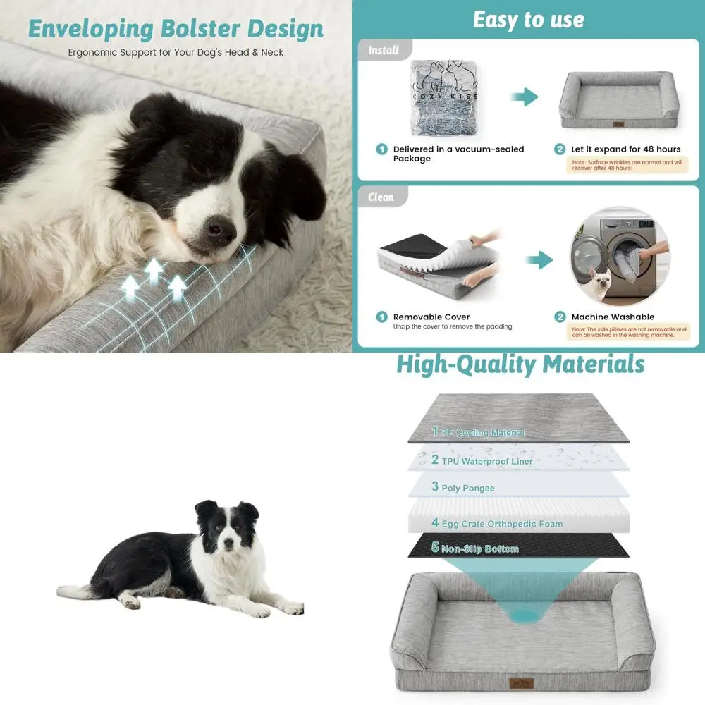 

Orthopedic Side-Support Dog Bed with Removable Cover, Waterproof & Nonskid, Grey for Large Dogs (42x30x7)
