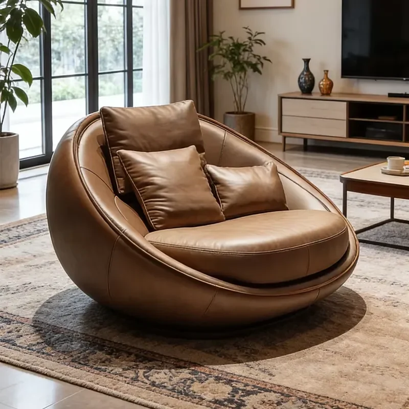 

Modern Genuine Leather Ball Lounge Chair Round Cuddle Sofa Armchair For Living Room Hotel Apartment Furniture