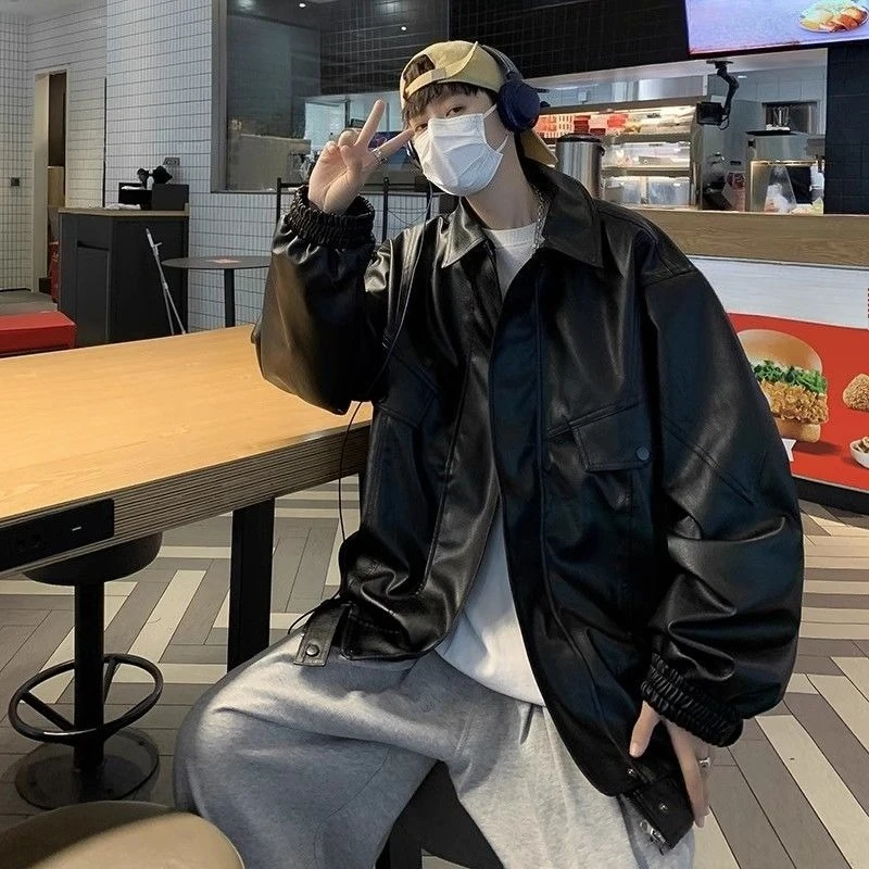 

Men's Retro Motorcycle Jacket Loose Collared Premium Leather Coat American Trendy Streetwear Edgy Oversized for Spring Autumn​