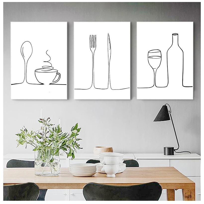 Modular Pictures Nordic Style Printed Poster Line Coffee Red Wine Knife And Fork Wall Art Canvas Painting For Kitchen Home Decor