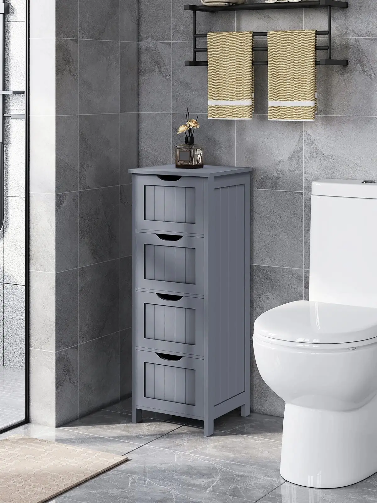 Geräumiger Stehender Badezimmerschrank Seitenschrank mit 4 Schubladen Kommode Toilettenschrank Organizer Schmaler Schrank für Wohnzimmer