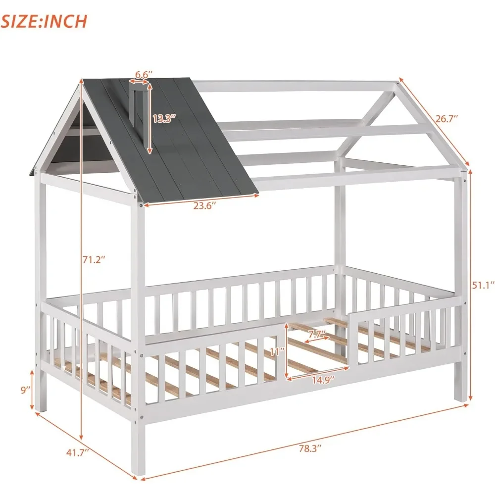 Twin-Hausbett für Kinder, hausförmiges Plattformbettgestell aus Holz mit zwei Rahmen, Dachfenster und Sicherheitsschienen in voller Länge