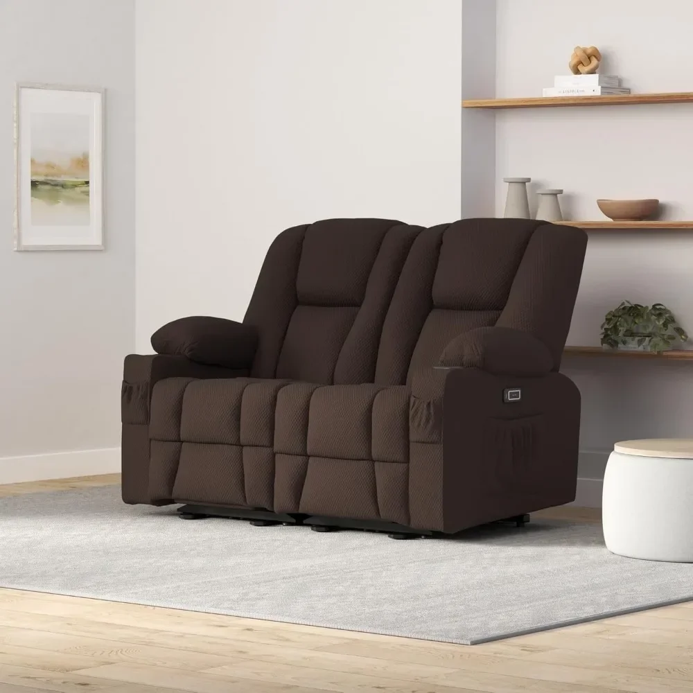 Power Loveseat Recliner with Heat and Vibration, Fabric Electric Reclining Loveseat, USB Charge Port, Cup Holders, Recliner