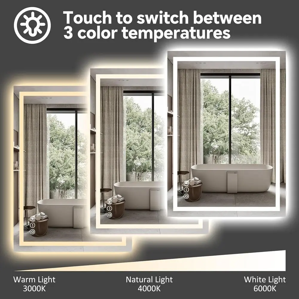 مرآة زينة مضاءة بإضاءة LED مقاس 20 × 28 بوصة، مضادة للضباب، قابلة للتعتيم، بإضاءة خلفية وإضاءة أمامية، مرآة حمام ذكية بثلاثة ألوان #2