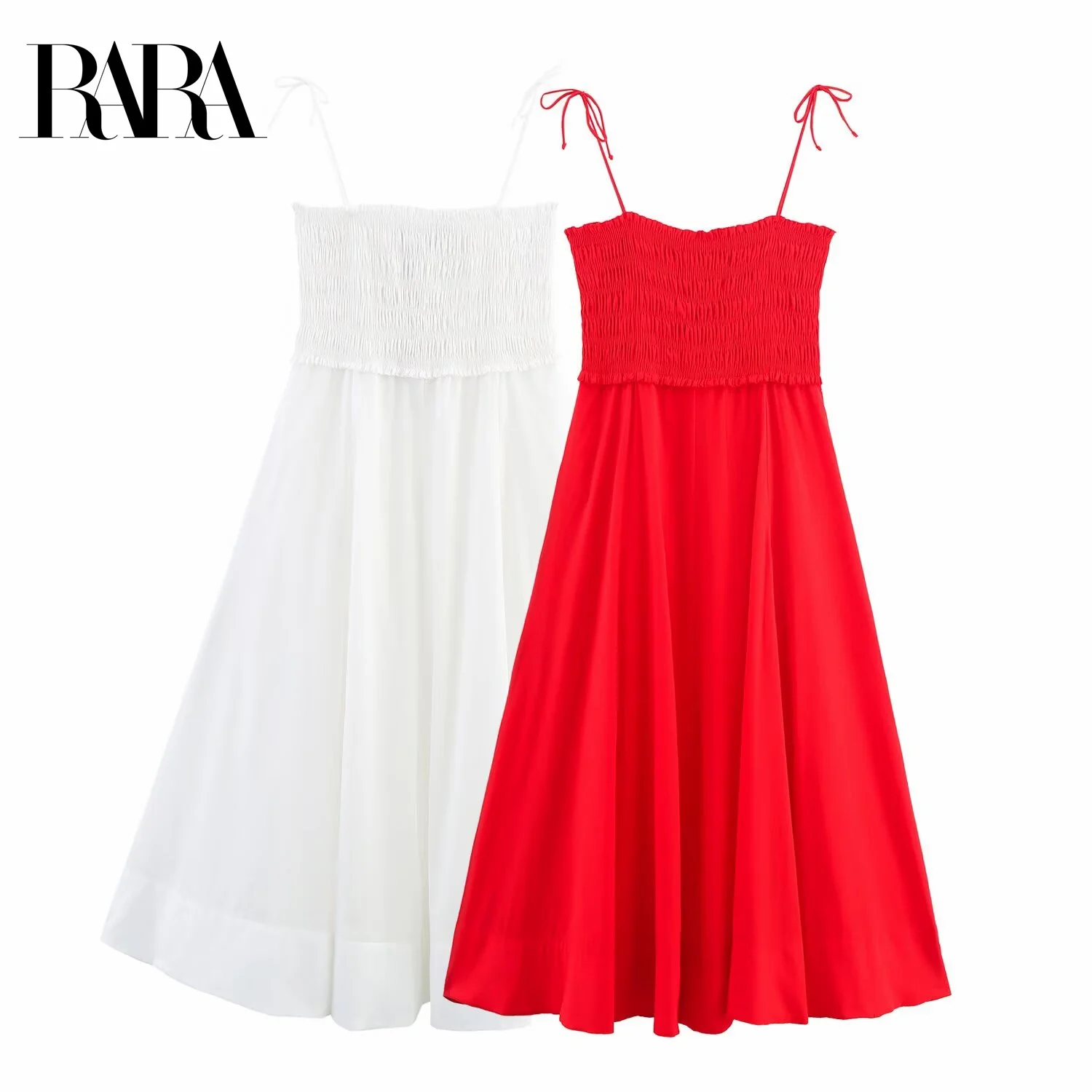 

RARA Women's Summer New Upper Body Elastic Ruched Casual Elegant Square Neck Sleeveless Halter Mid - length Dress