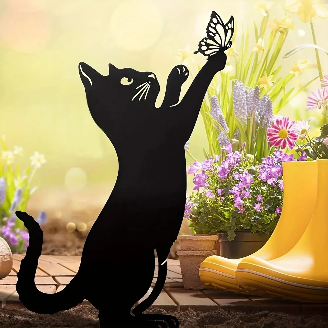 Metal Cat Garden Decor,Black Cat Silhouette Yard Lawn Outdoor Decorations, Weather Resistance Steel Cat Decor for Cat Lovers