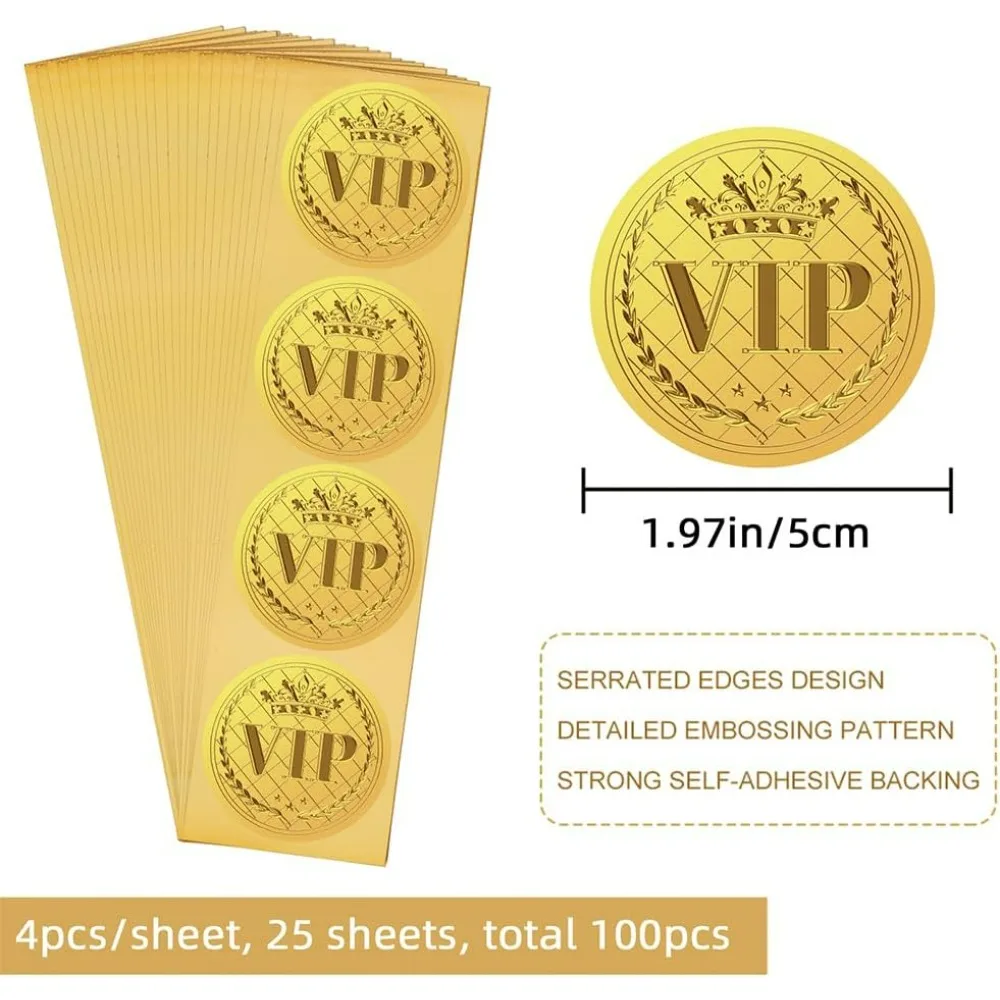 100pcs VIP Gold Foil Certificate Seals Embossed Certificate Stickers Adhesive Gold Seals Medal Decoration Labels for Envelopes