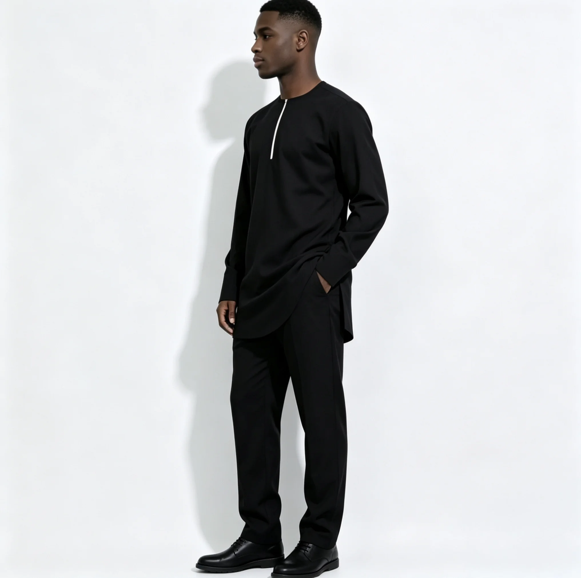Men's Sets Solid Black Zipper Placket Shirt & Trousers Vintage Style Pant Suits Designer African Couture Performance Wear - view 3