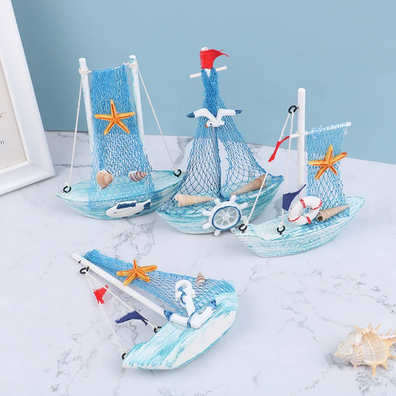 14-15cm Mediterranean Style Marine Nautical Sailing Boat Ship Craft Painting Small Boat Ornaments Sailboat Model Home Decoration