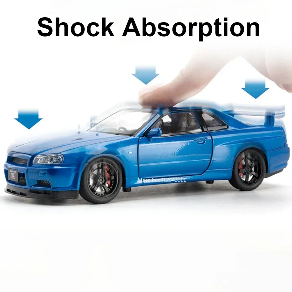 Scala 1:24 GTR R34 R35 Modello di auto sportiva Porte giocattolo Aperte Musica leggera Tirare indietro Modelli di veicoli di simulazione Regali pressofusi in lega