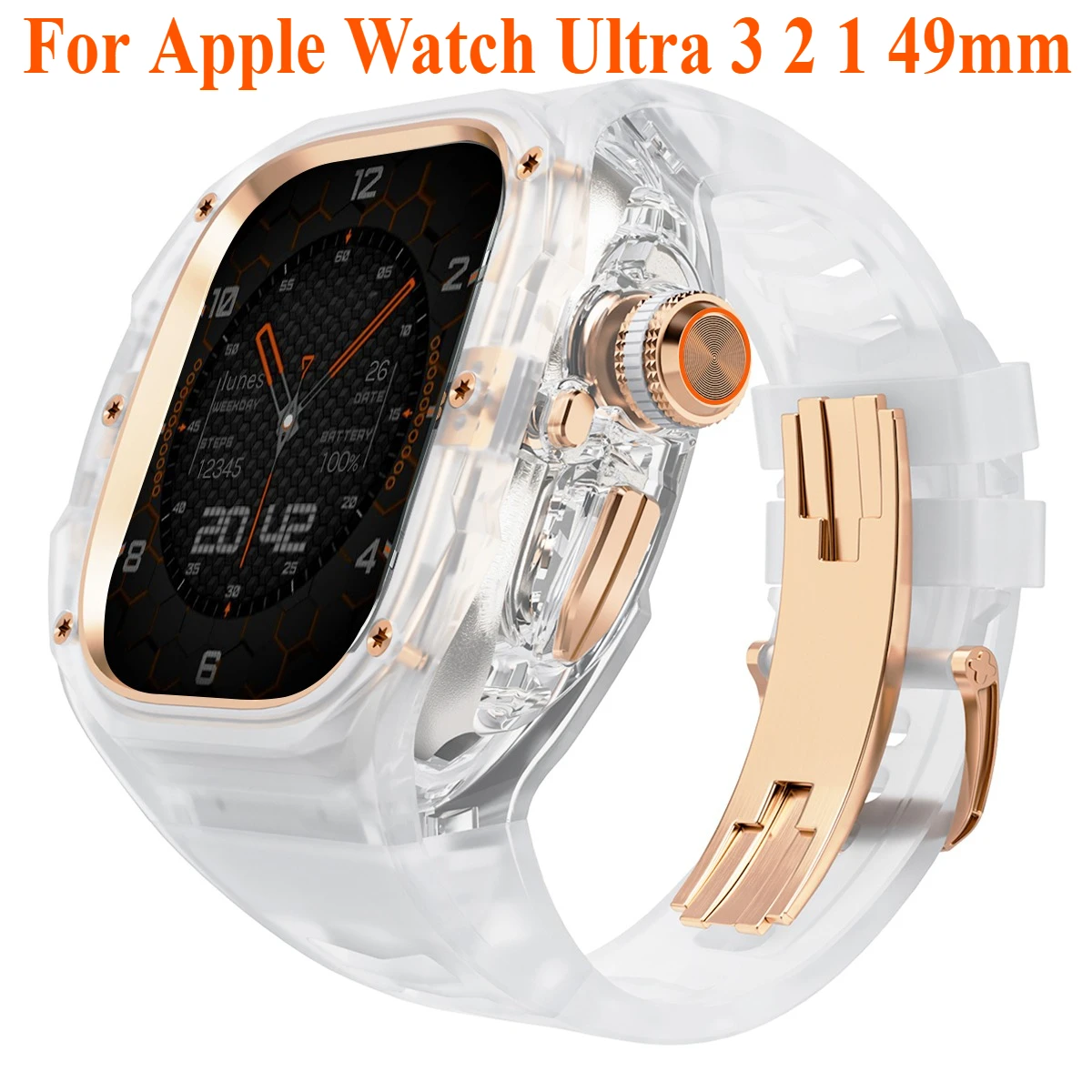 Luxury Transparent Case Mod Kit for Apple Watch Ultra 3 49mm Stainless Steel Buckle Band for iWatch Ultra 2/1 49MM Modification