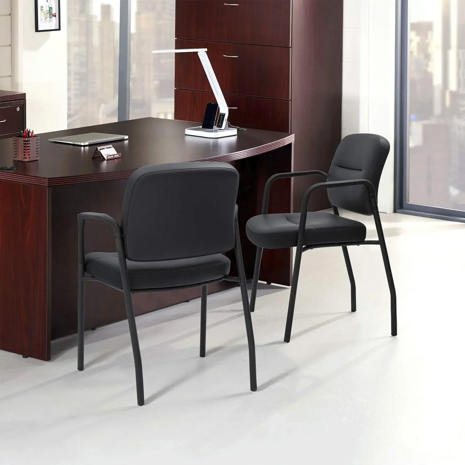 Waiting Room Office Reception Chairs Executive Leather Guest Chairs with Armrest Ergonomic Upholstered Lumbar Support Side Chair