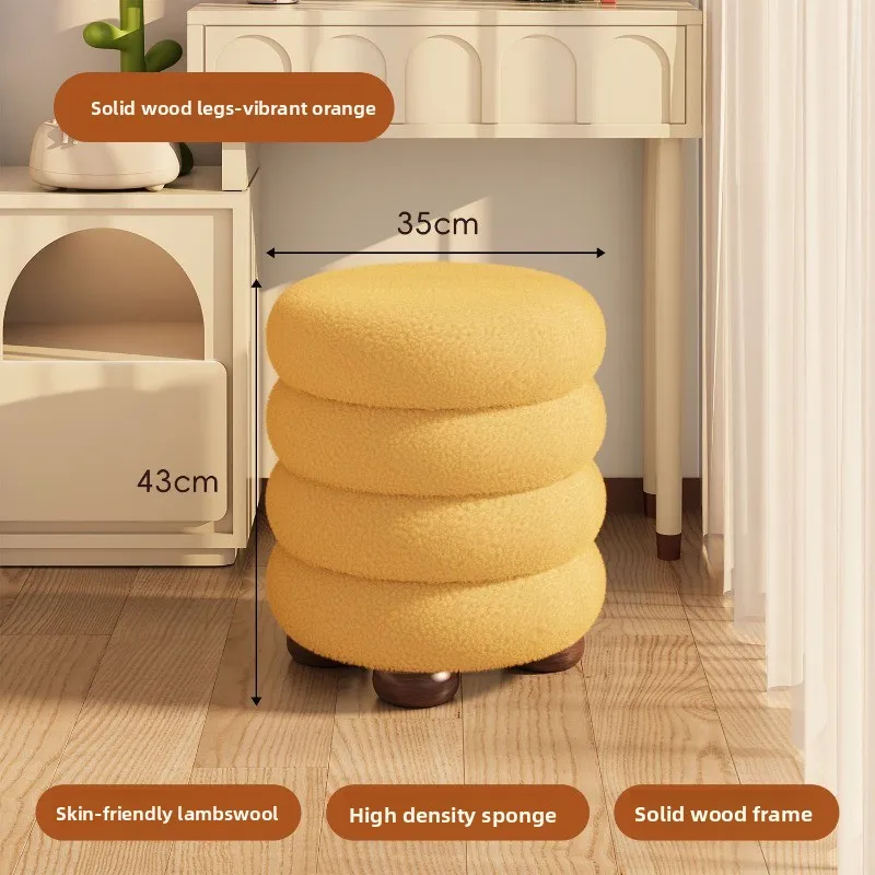 Solid Wood Lamb Wool Vanity Stool, Viral Makeup Chair for Girls, Household Bedroom Dressing Table Seat Bedroom Furniture Ottoman