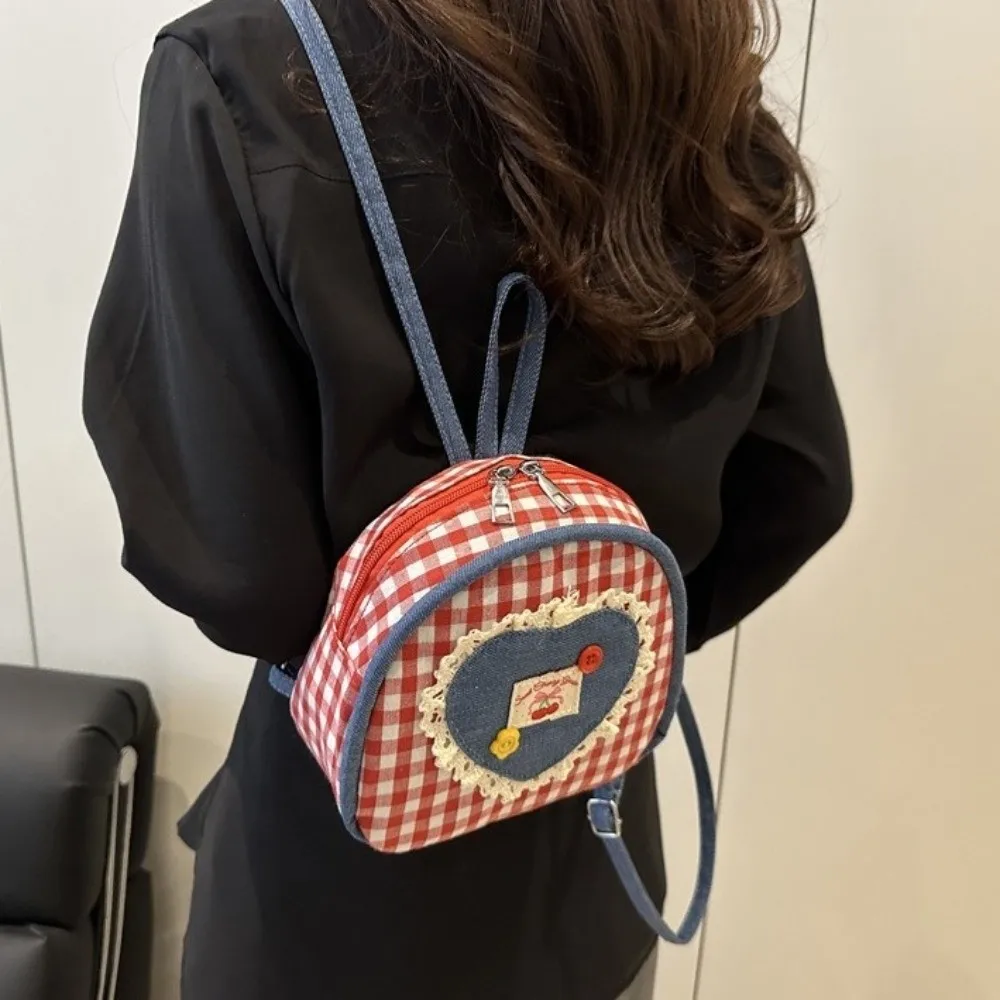 Vintage ผ้า Lattice กระเป๋าเป้สะพายหลัง Mini Bow Denim ไหล่กระเป๋าลายสก๊อตสไตล์ชนบทกระเป๋าเป้สะพายหลังกลางแจ้ง