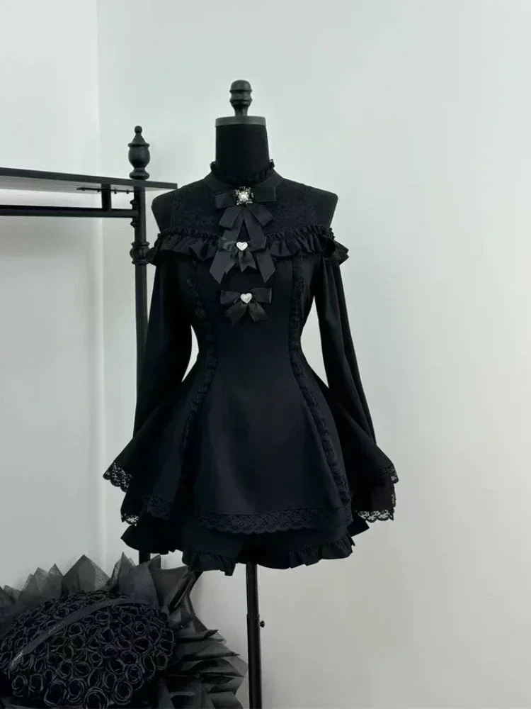 Gótico lolita preto conjunto de duas peças feminino chique vestido de renda + cintura alta shorts finos novo escuro y2k japonês vintage ternos chique