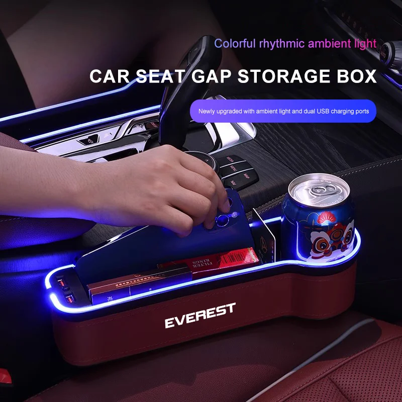 

For Ford Everest Car Seat Storage Box With LED Colorful Atmosphere Light With Cup Holder Ford Everest Car Interior Accessories