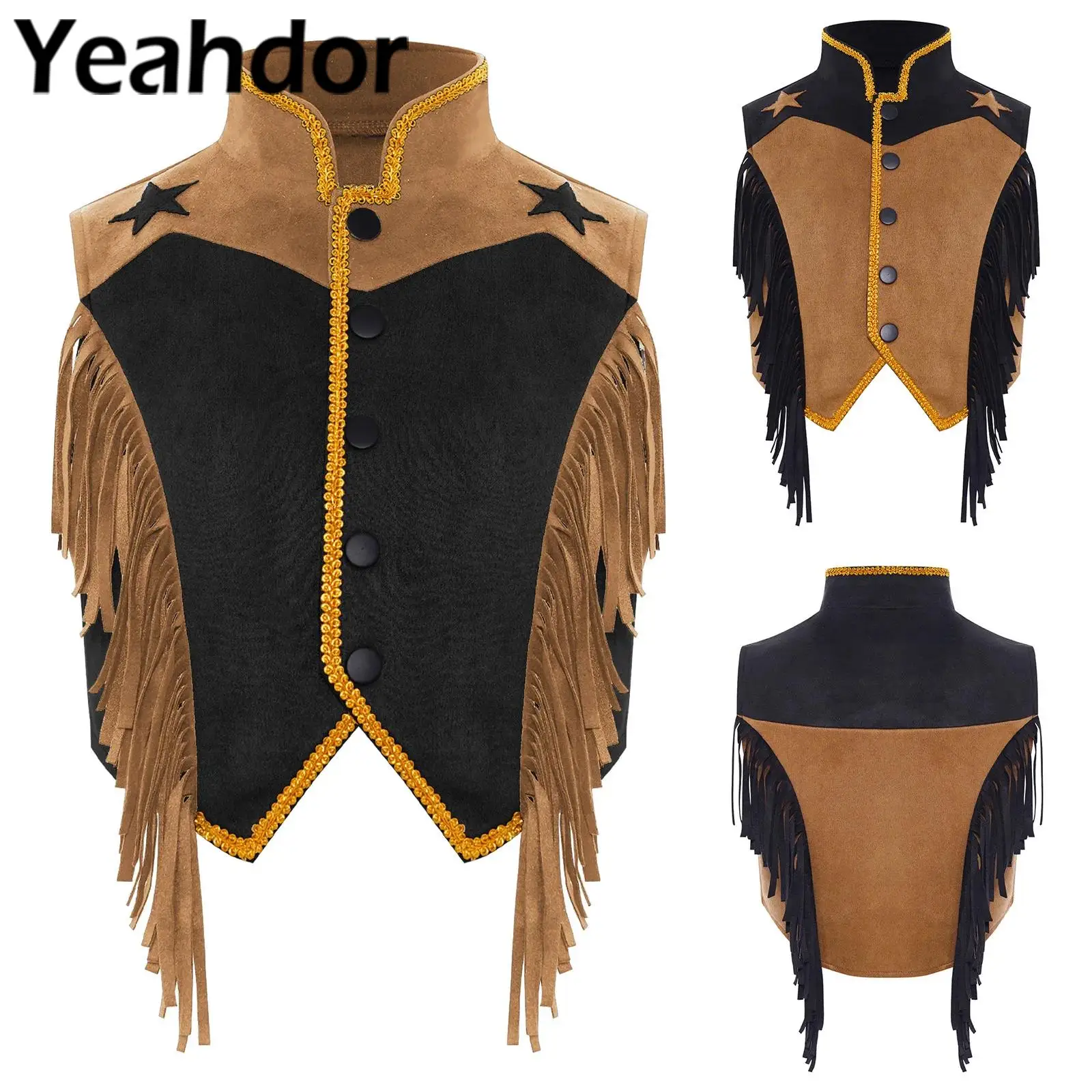 

Kids Girls Western Cowgirl Costume Halloween Cosplay Themed Party Waistcoat Fringed Gold Webbing Trim Vest Carnival Dress Up