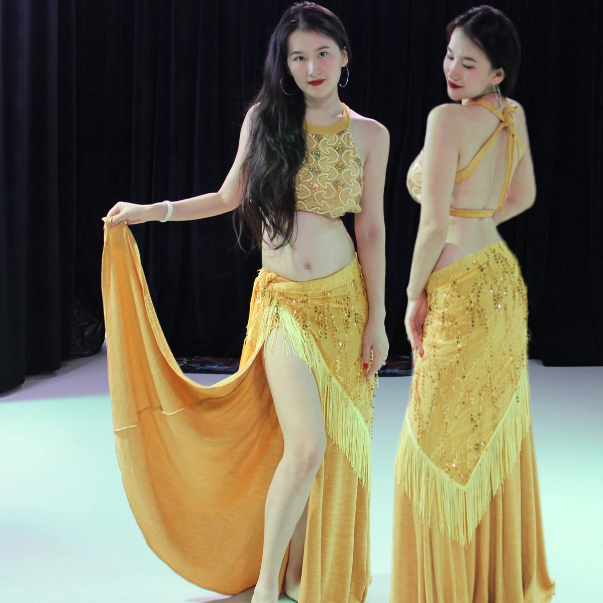 Belly Dancing practice set sequined backless top+sexy slit long skirt 2pcs women Oriental dance professional performance outfit