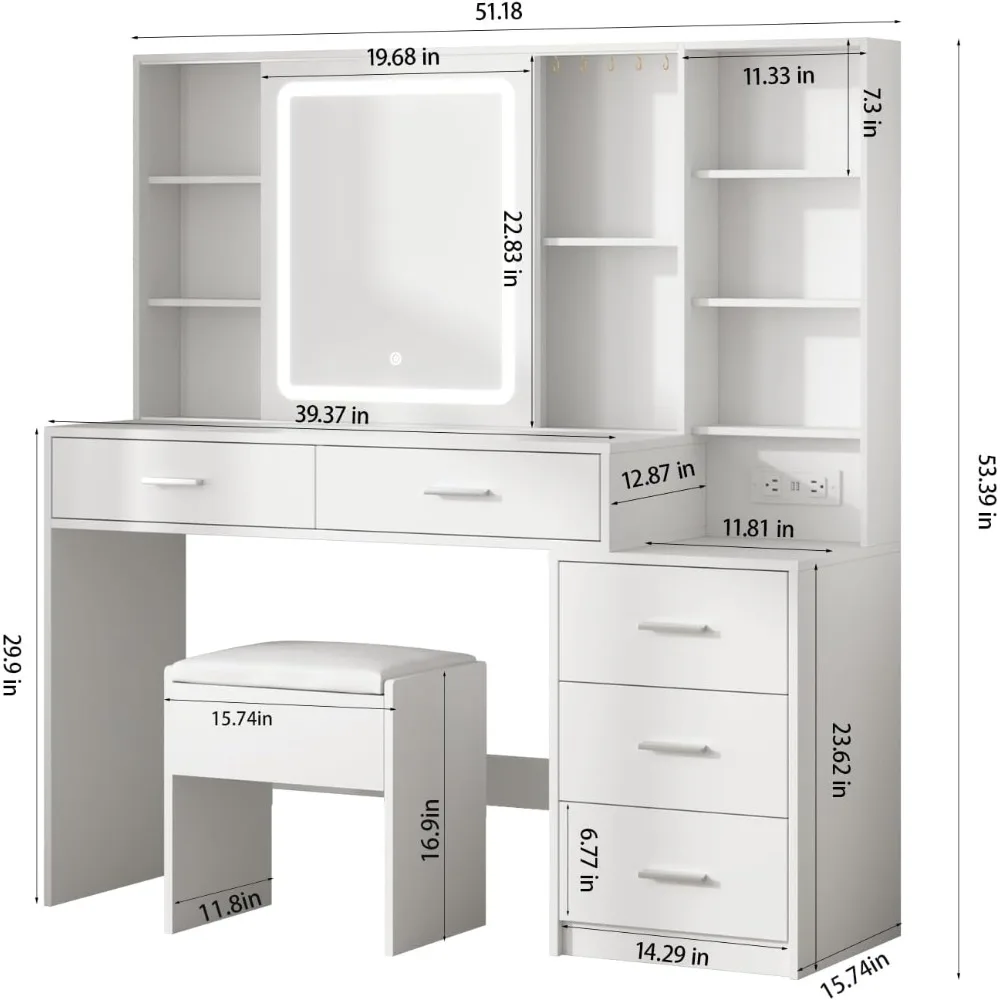 Vanity Desk with Sliding Mirror, Vanity Table with 3 Color Lighting, with Chair, 5 Drawer Storage, 5 Hooks, Charging Station