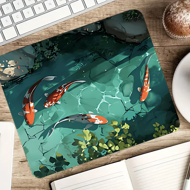 Large koi patterned desk mat, sewn edge gaming mouse mat with beautiful natural scenery, durable and smooth surface, suitable fo