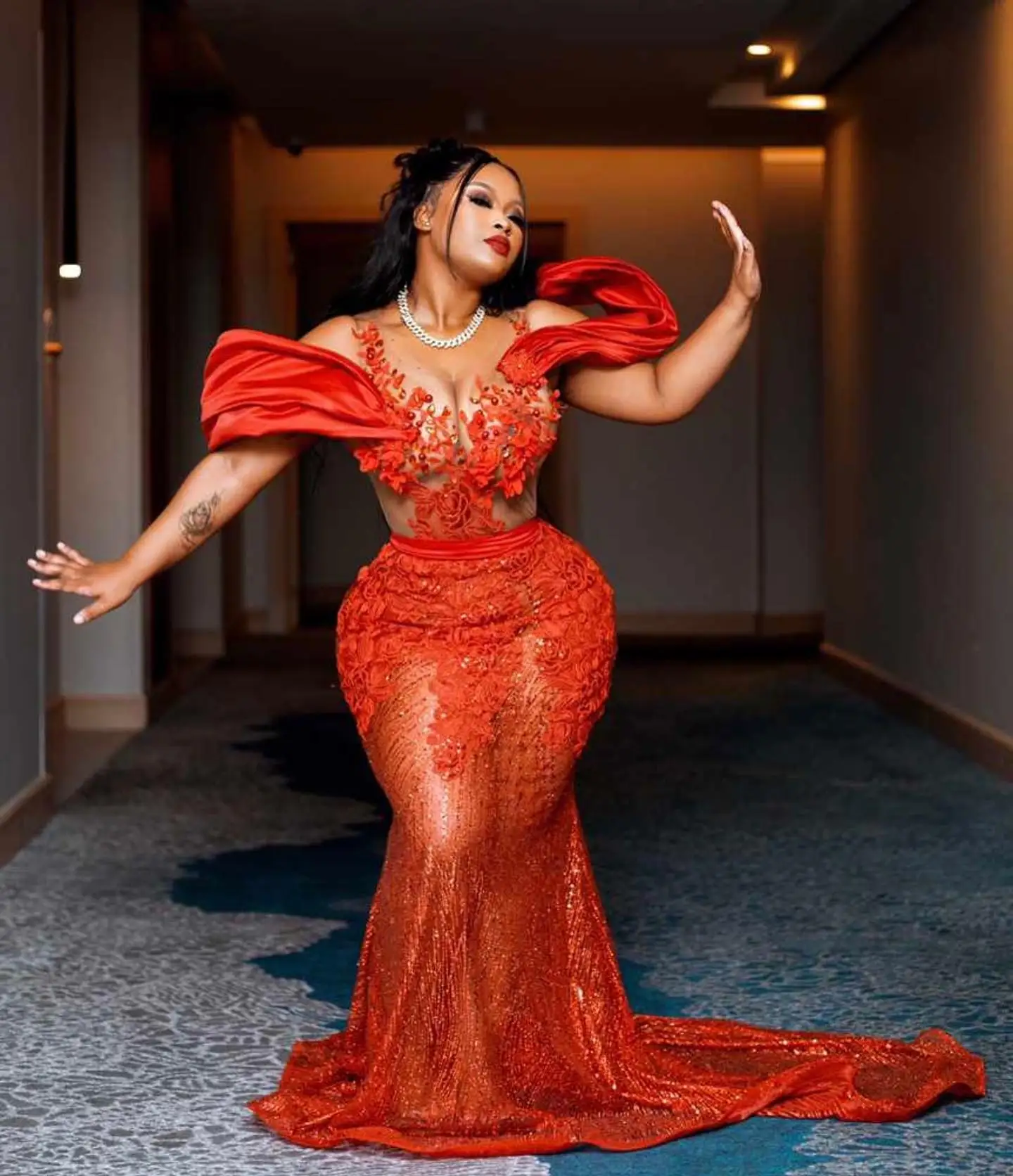 Luxury Embroidery Lace Red Prom Dresses Plus Size African Wedding Reception Dress Aso Ebi Bridal Gown Beaded Lace Formal Dress