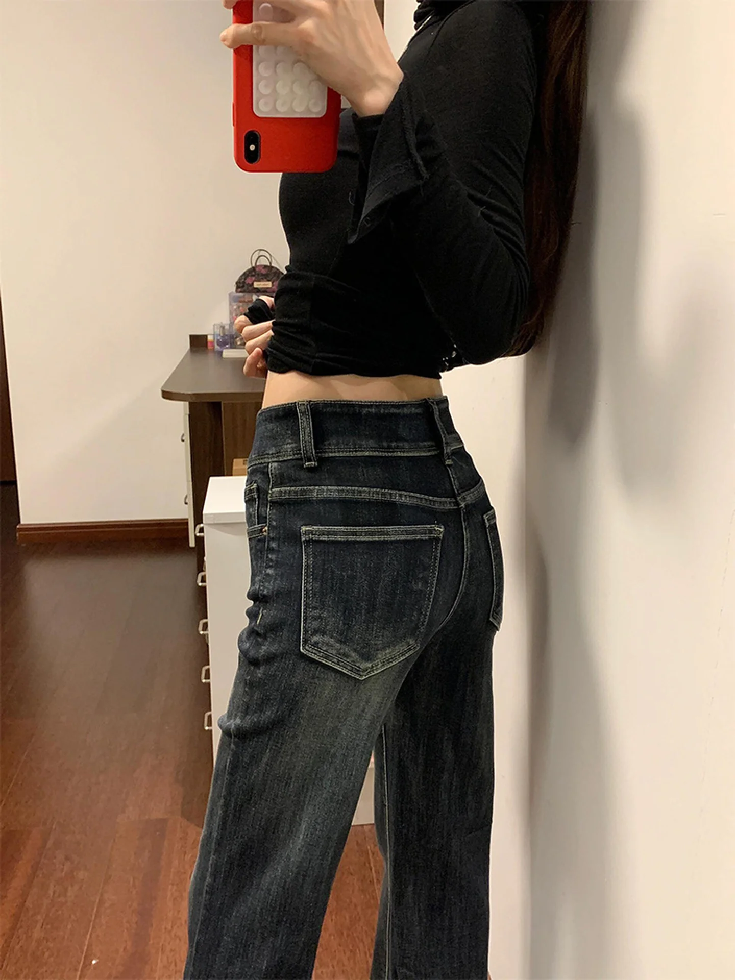 미국 스타일 슬림핏 부츠컷 스트레이트 레그 진 여성용 페어 에이프 디자인 센세이션 핫걸 가을 겨울 신상품