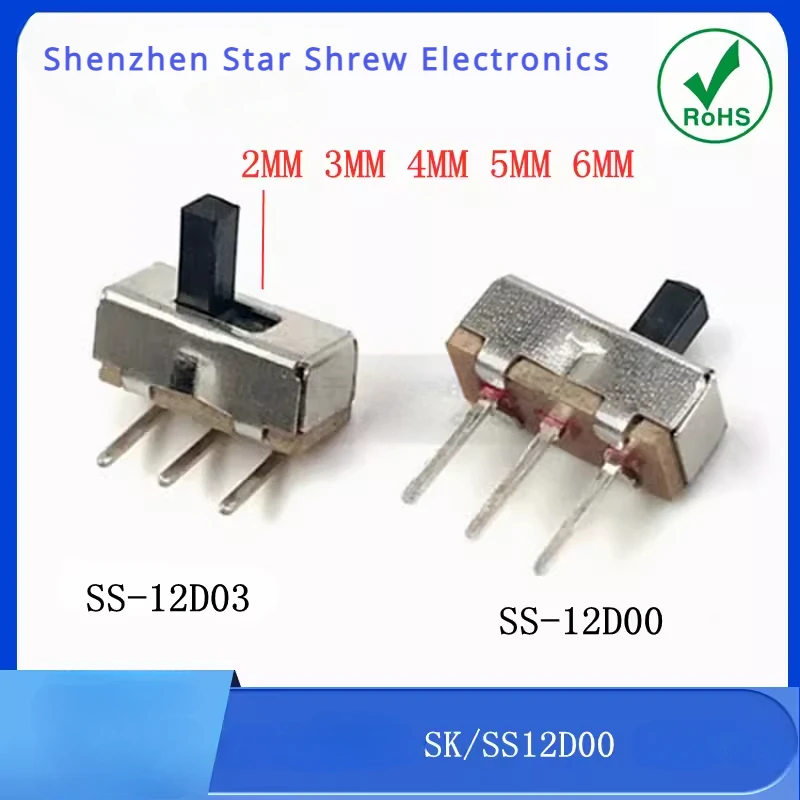 

20pcs Interruptor on-off mini Slide Switch 1P2T Long handle: 3mm 4mm 5mm toggle switch SS12D00 SS12D00G3 SS12D00G4 SS12D00G5