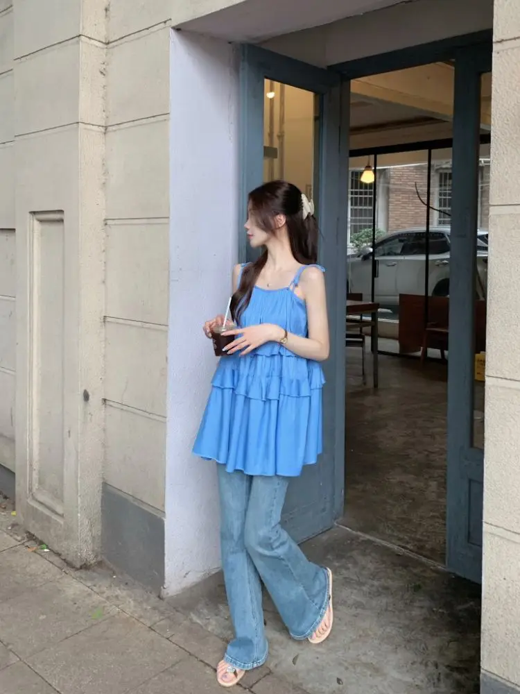 Camisole Lace Up Multi-Layer Ruffled Blue Fresh 2024 Summer New Style Women'S Korean Style Loose With Design Top