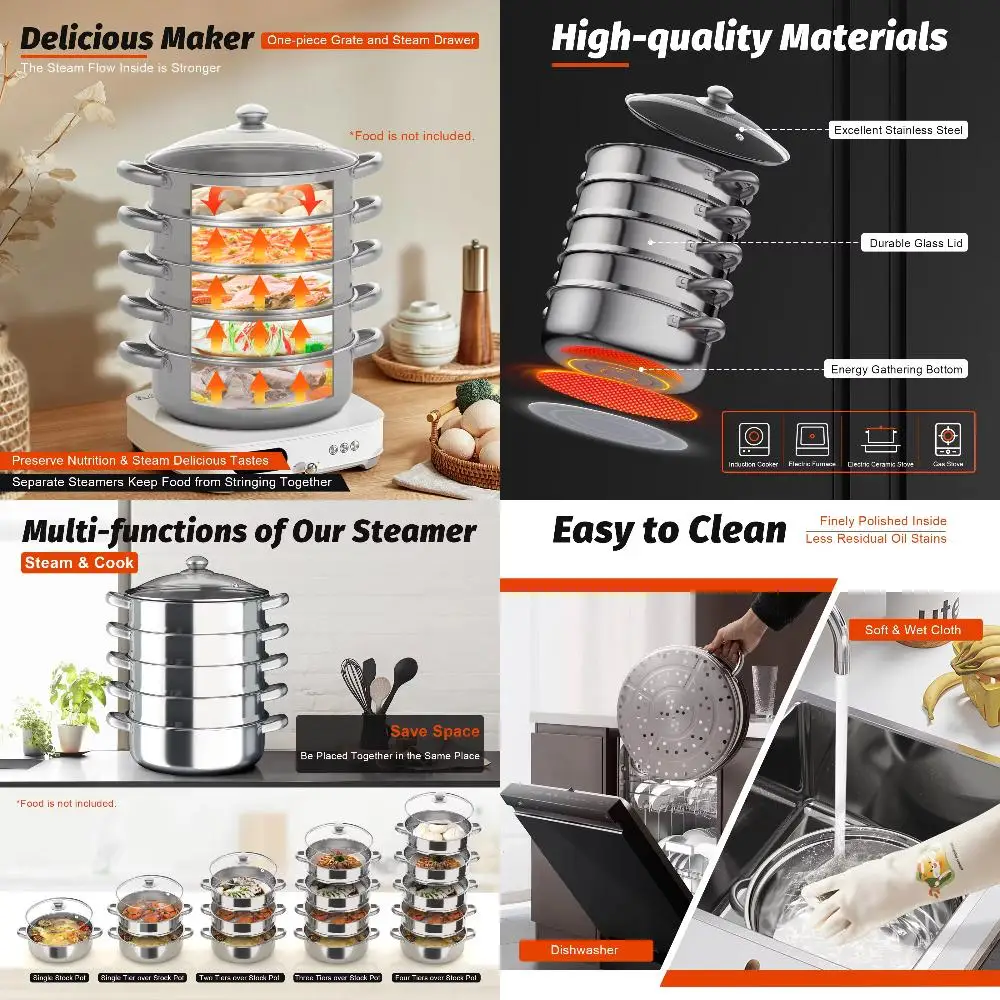 

New 30cm 5 Tier Stainless Steel Large Steaming Cooker Steamer Stainless Steel Food Veg Pot Sets W/Glass Lid