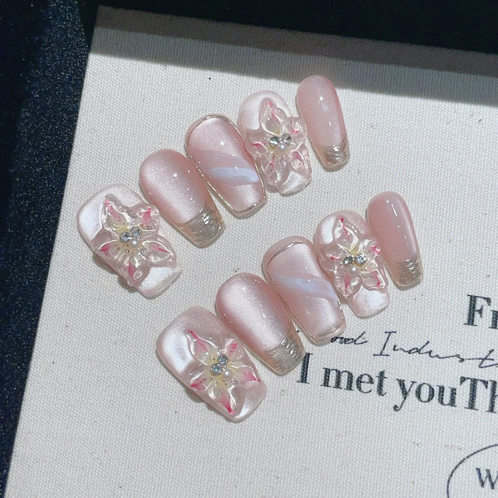 

10pcs Short Trapezoid Handmade Press On Nails Kit, Pink Fake Nails, Elegant Romantic Wearable Nail Art, Flower, Garden Dream