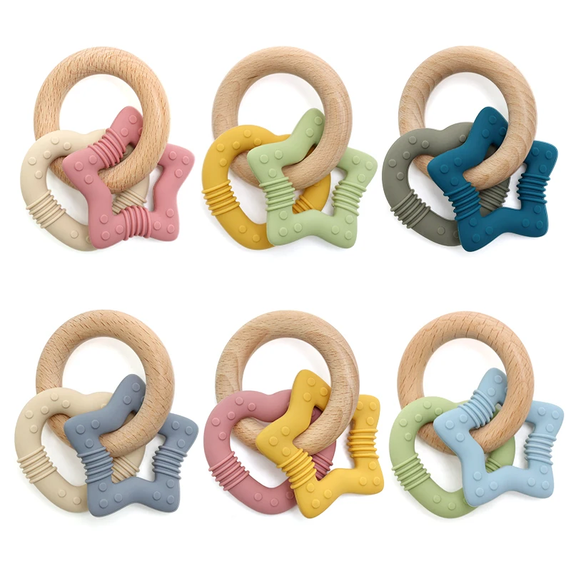silicone star and heart teether with teething wooden ring baby rattle toy