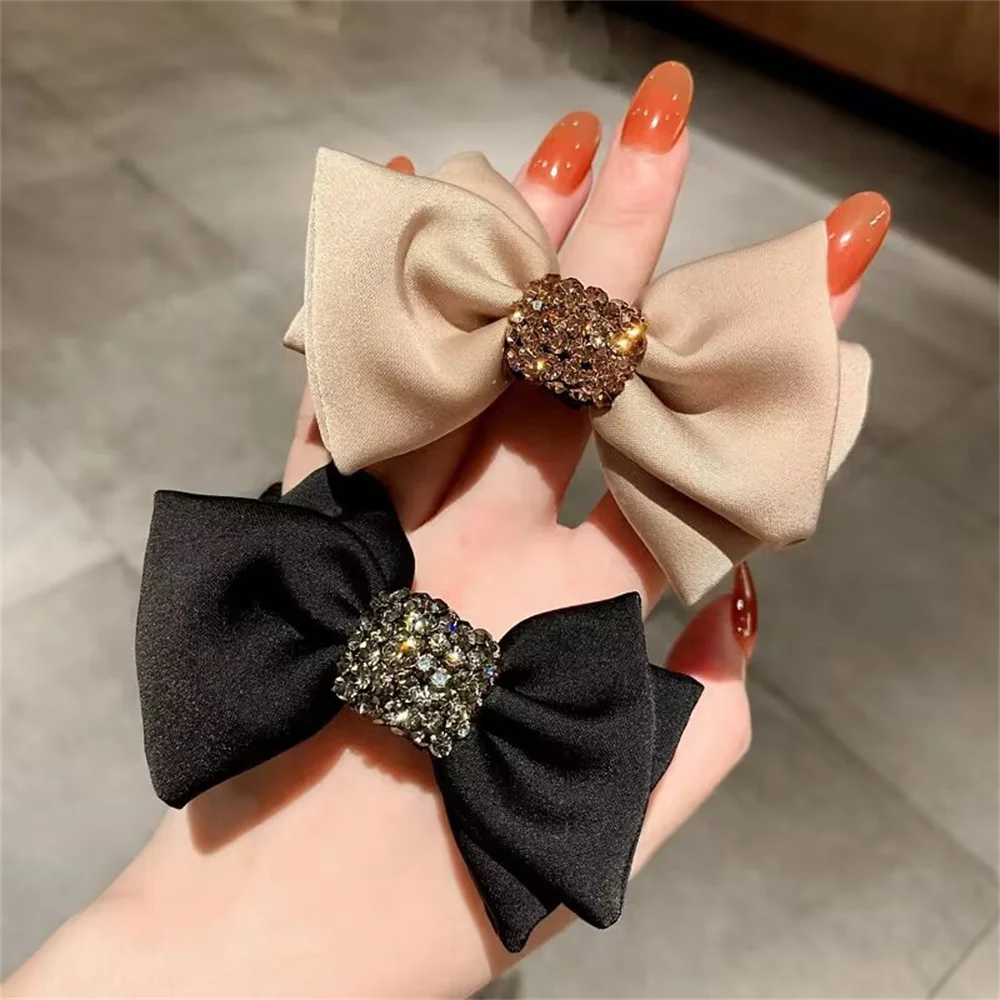 Korean Ribbon Large Bow Hair Clip Head Sweet Horizontal Hairpin Headdress Crystal Rhinestone Hair Accessories For Women