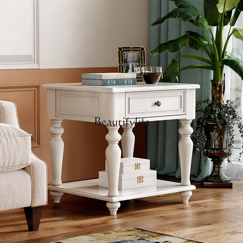 

04ld14 American Style Solid Wood Small Coffee Table White Modern Minimalist Square Bedside Cabinet
