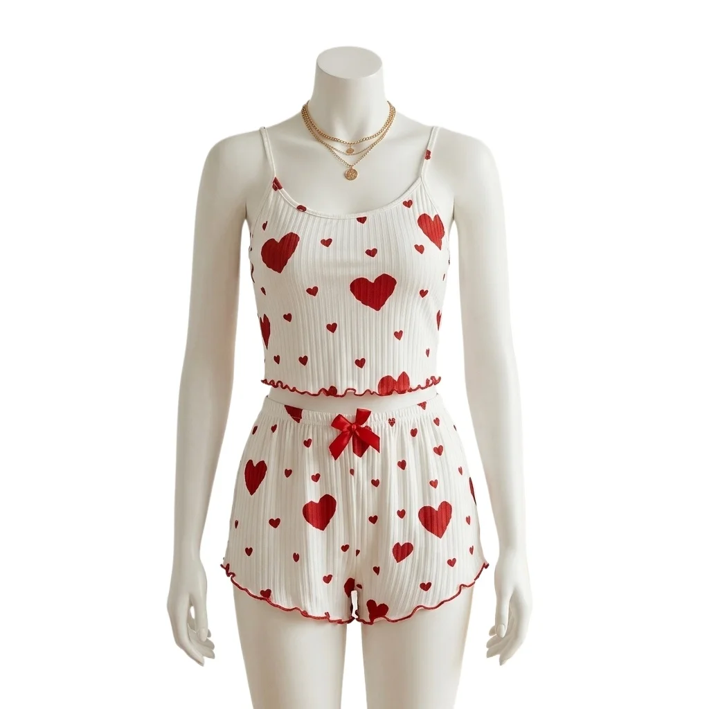 New Women's Pajamas Set Sleepwear Short Tank Tops and Shorts White Ventilate Soft Casual Love Printing Women Sleepwear