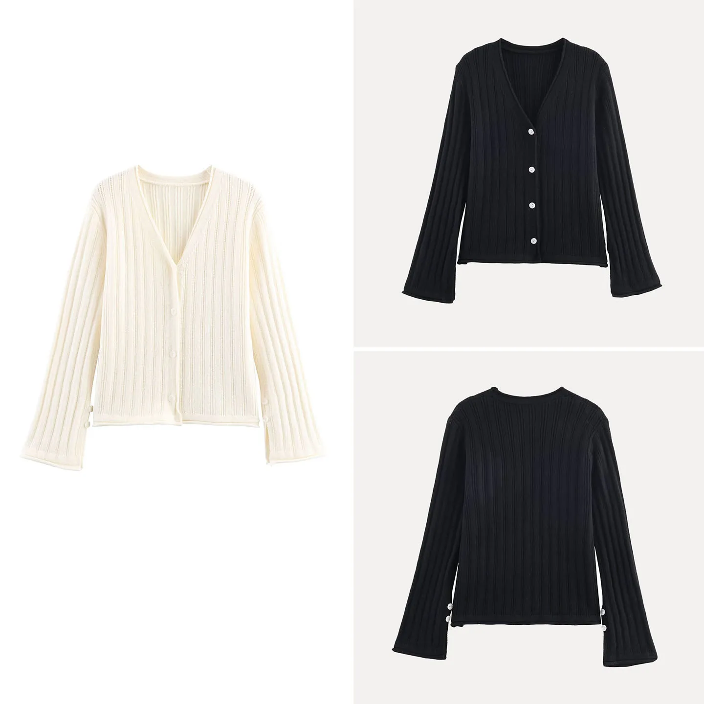 

2025 Autumn New Sle Women's Faion Personali Match Simple Bell Sve Four Mouth Knitted Sweater Loose Fit Pure Color V-...