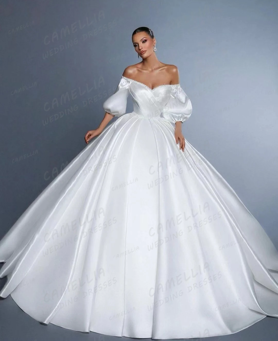 

Exquisite A Line Wedding Dresses Women's Sexy Fluffy Pleat Satin Bridal Gowns Half Sleeve Backless Party Vestidos De Noche 2024