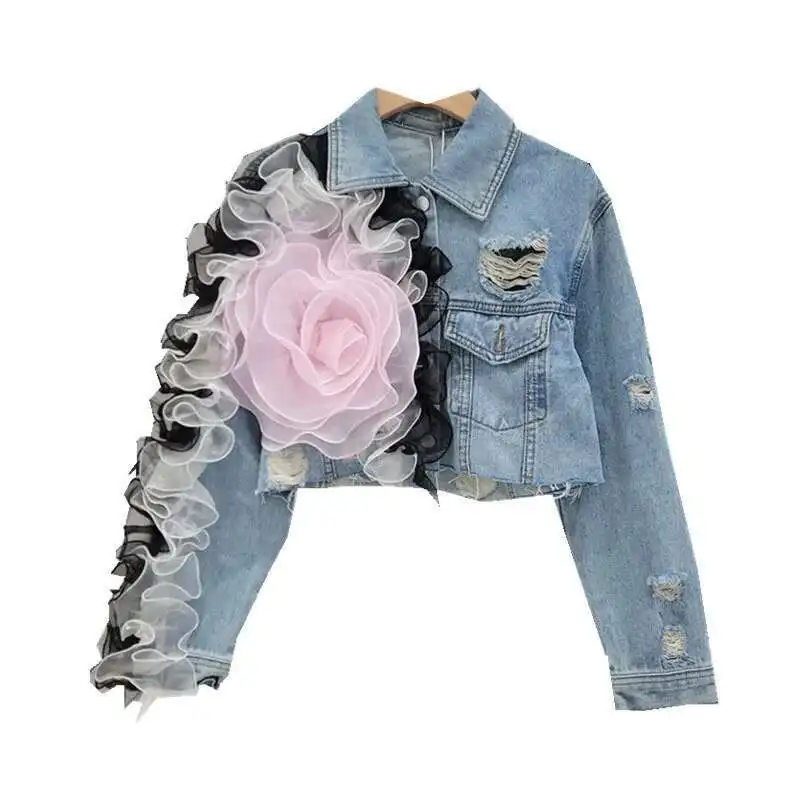 

Fashion Women Spliced Mesh 3D Flower Hole Denim Jacket 2025 Summer Trendy Turn-down Collar Long Sleeves Coat Female