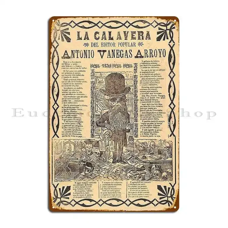 Letrero Metálico de Jose Guadalupe Posada con Ilustración de Calavera en Estilo Periódico, Placa Decorativa para Pared, Cueva, Cine, Garaje, Letrero de Hojalata, Póster
