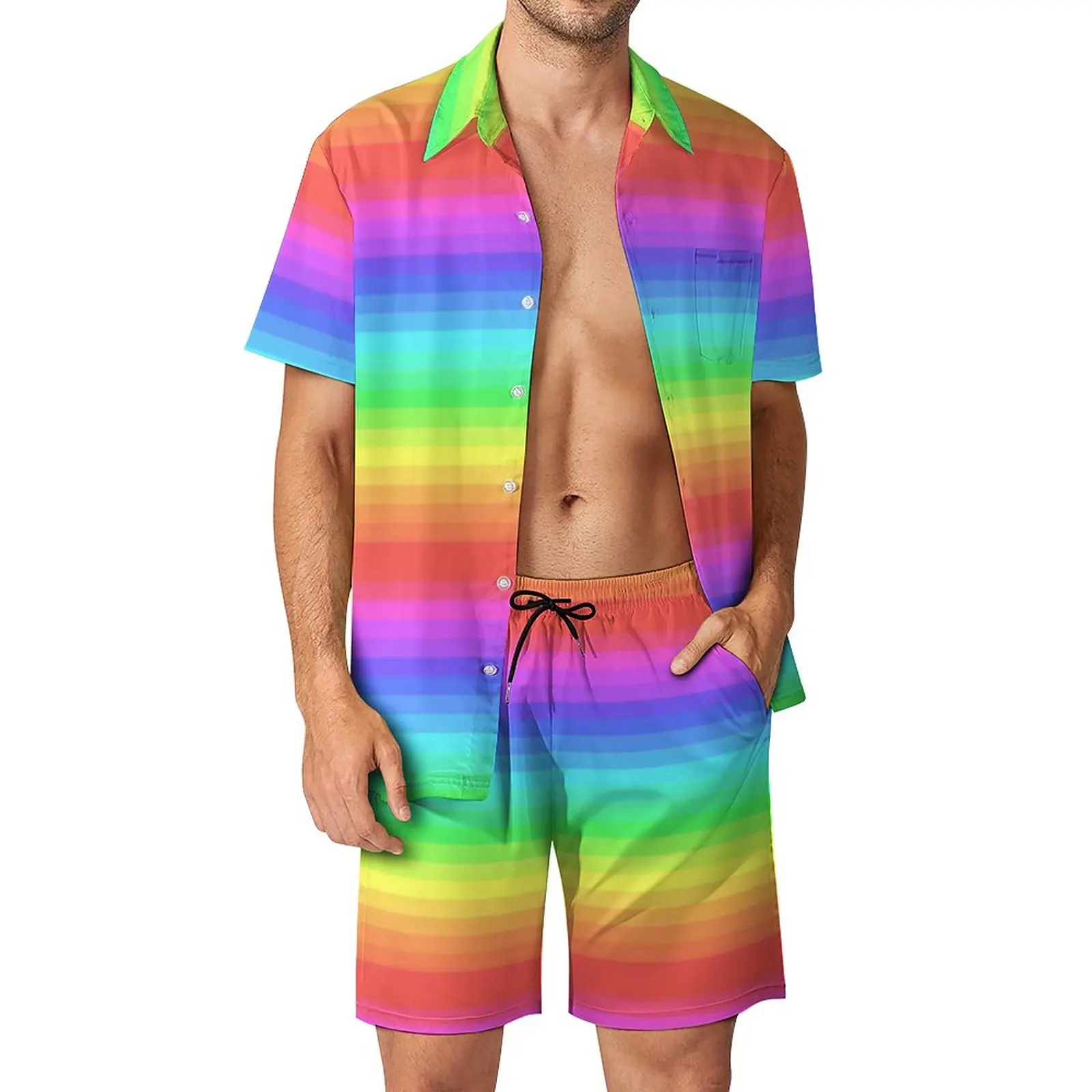 Bright Rainbow Vacation Men Sets Colorful Stripes Print Casual Shirt Set Summer Custom Shorts 2 Piece Fashion Suit Plus Size 3XL