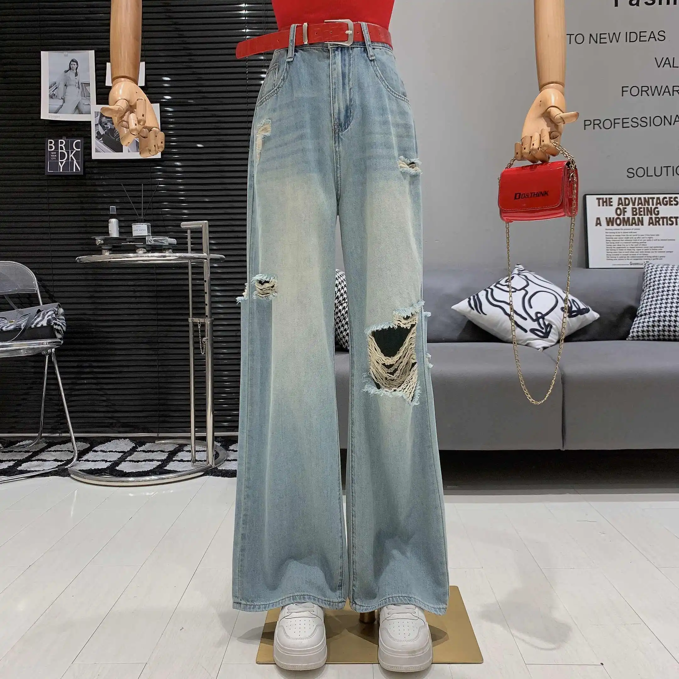 

Летние синие рваные джинсы, женские широкие брюки с высокой талией, корейские повседневные модные свободные женские тонкие джинсовые брюки