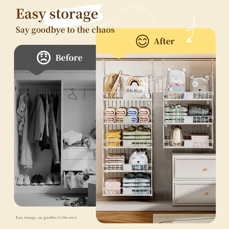 Wardrobe hanging basket, over-the-shelf closet organizer, pull-out storage bin for folded clothes, towels and accessories
