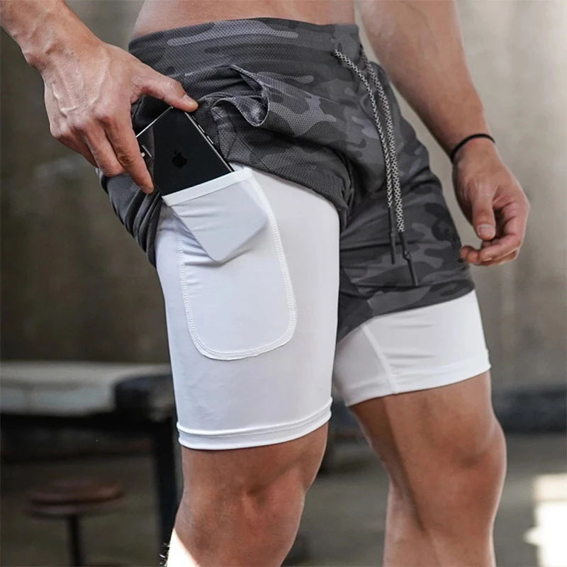 Pantalones cortos deportivos de verano para hombre, pantalón de entrenamiento para correr al aire libre, múltiples bolsillos, doble capa, Fitness,