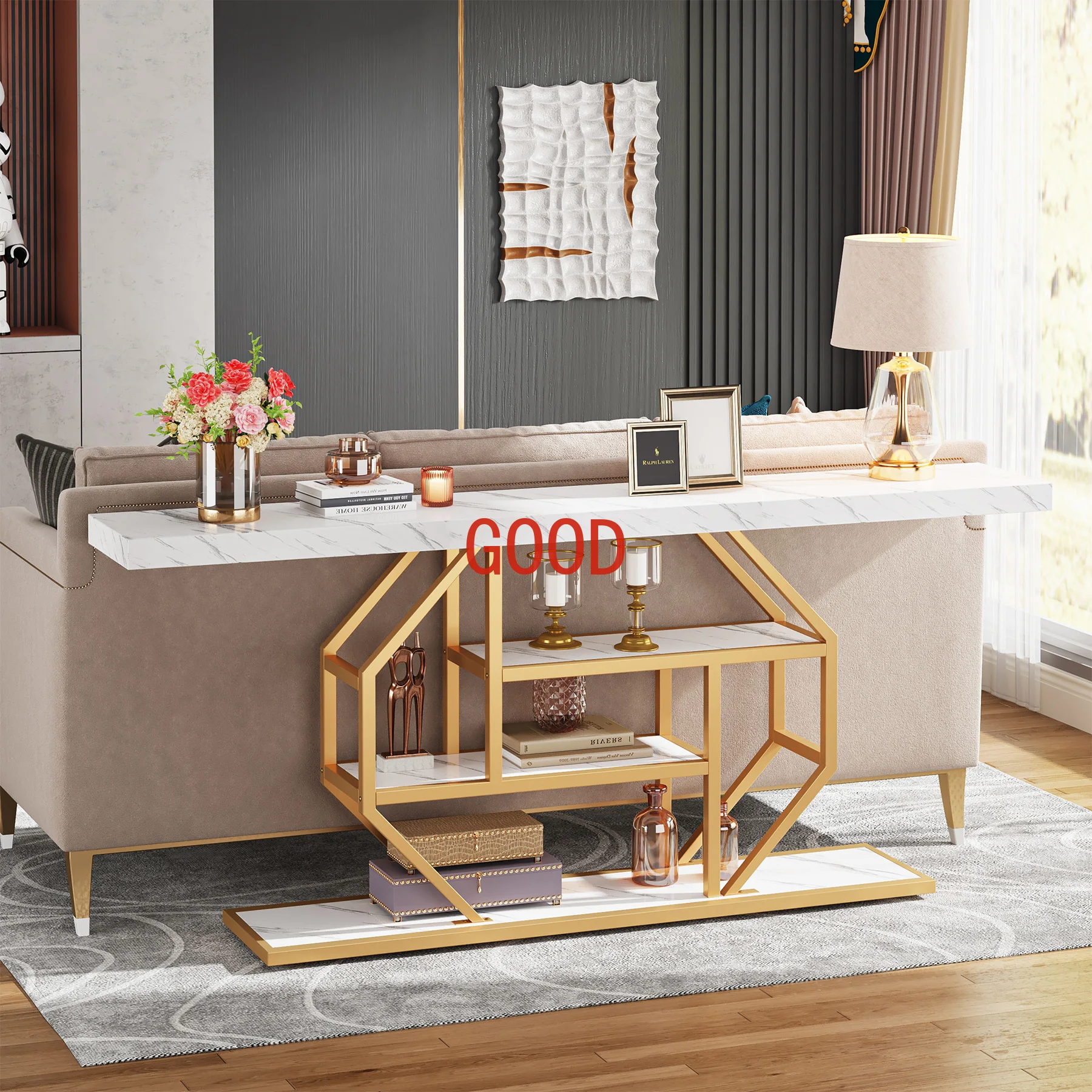 Tribesigns 70.9 inch Extra Long Console Table, Modern Gold Sofa Table Behind Couch with Storage, 4 Tier Entryway Accent Table